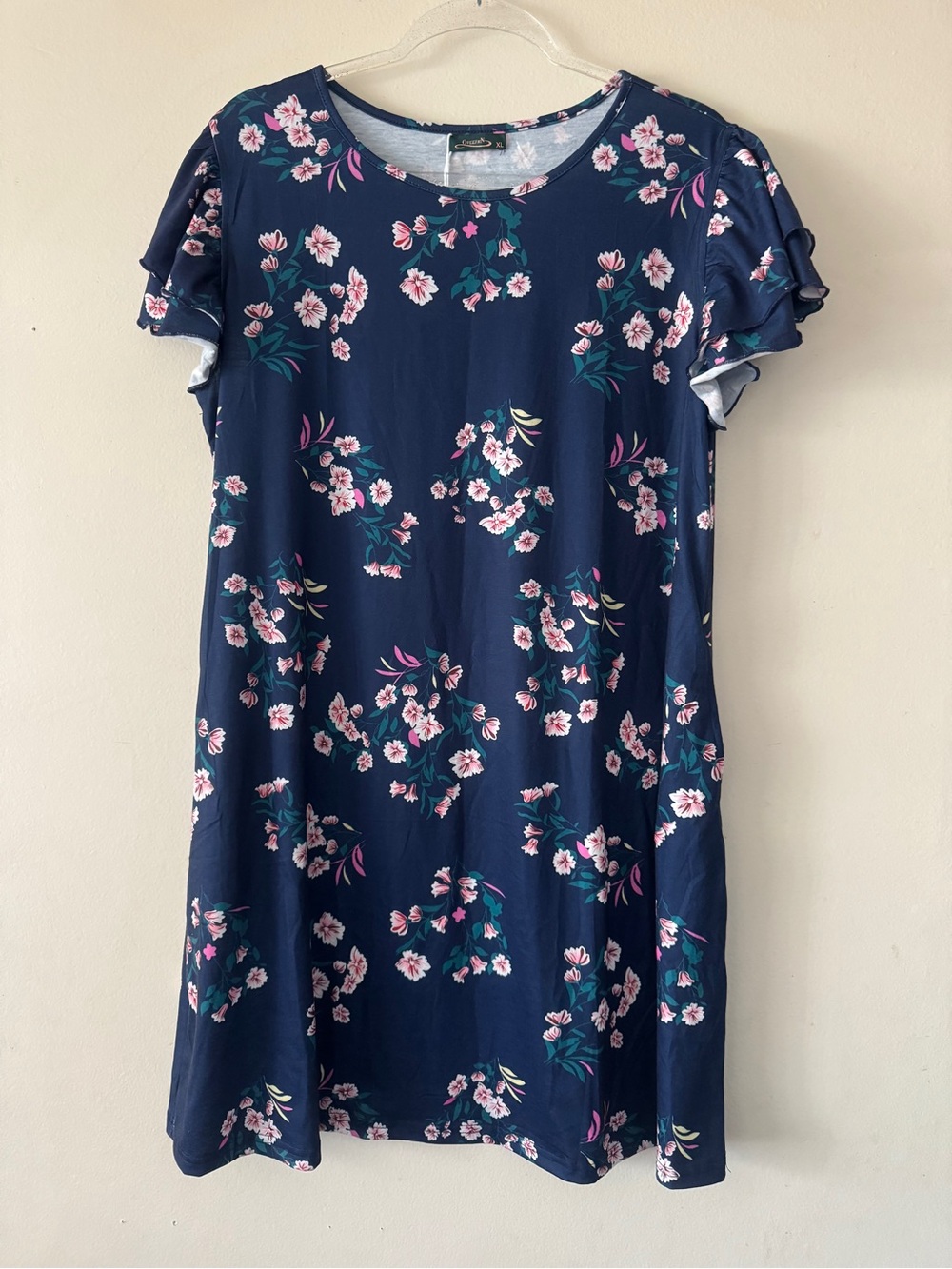 Navy Floral Ruffle Sleeve Shift Dress